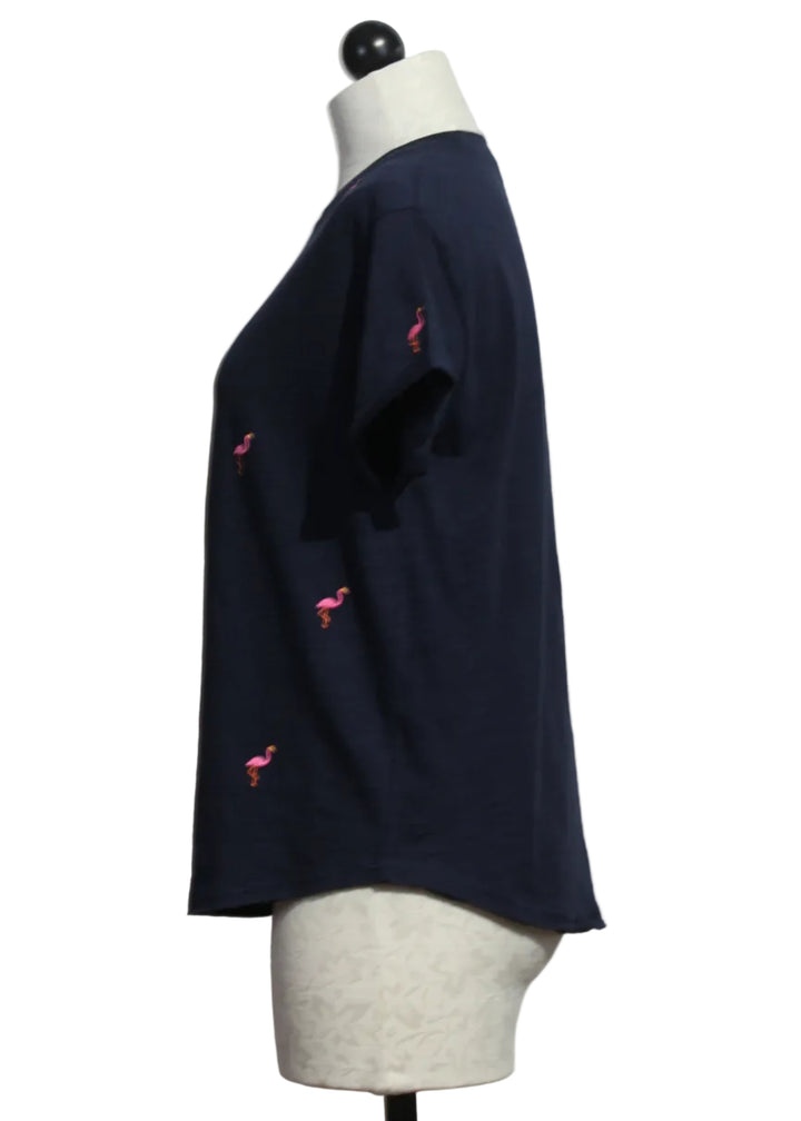 side view of Navy What The Flock Flamingo Embroidered Tee by Lisa Todd