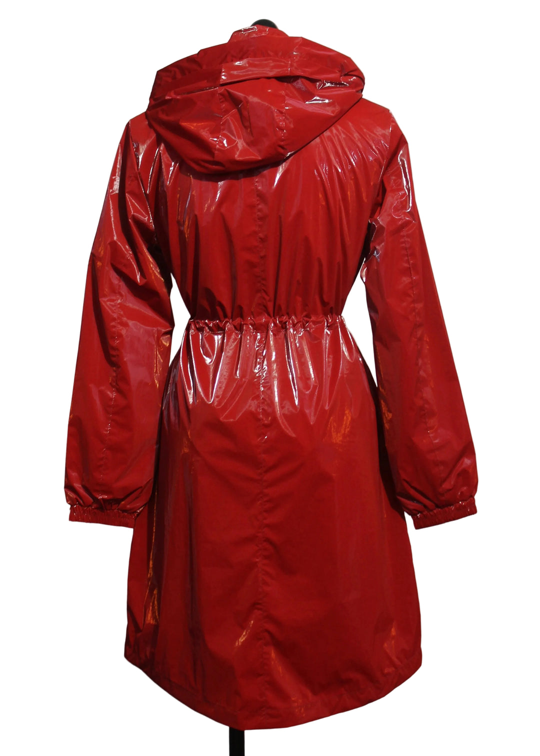 back view of Shiny Cranberry Red Hooded Rainjacket by Nikki Jones 