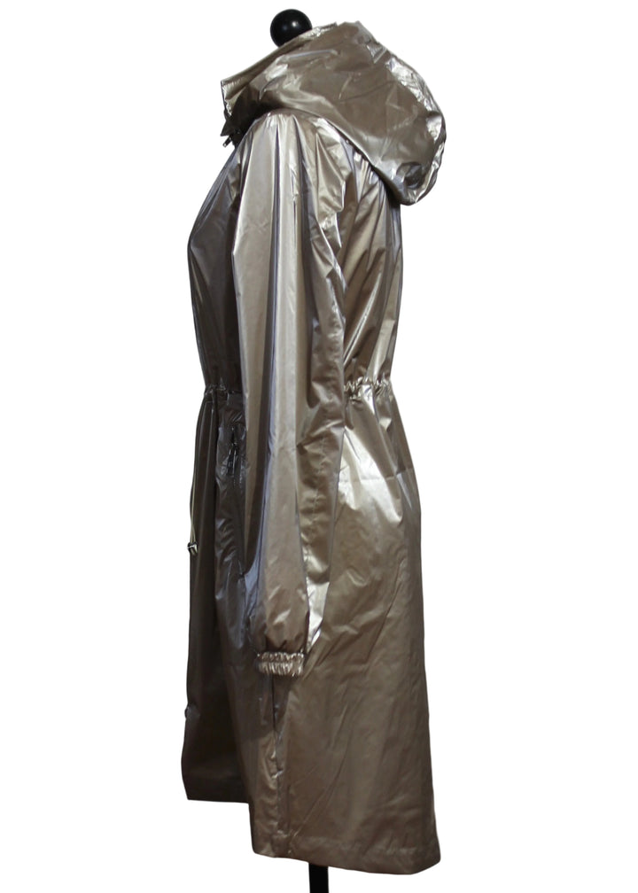 side view of Milk Tea Colored Shimmer Lux Shirttail Jacket by Nikki Jones 
