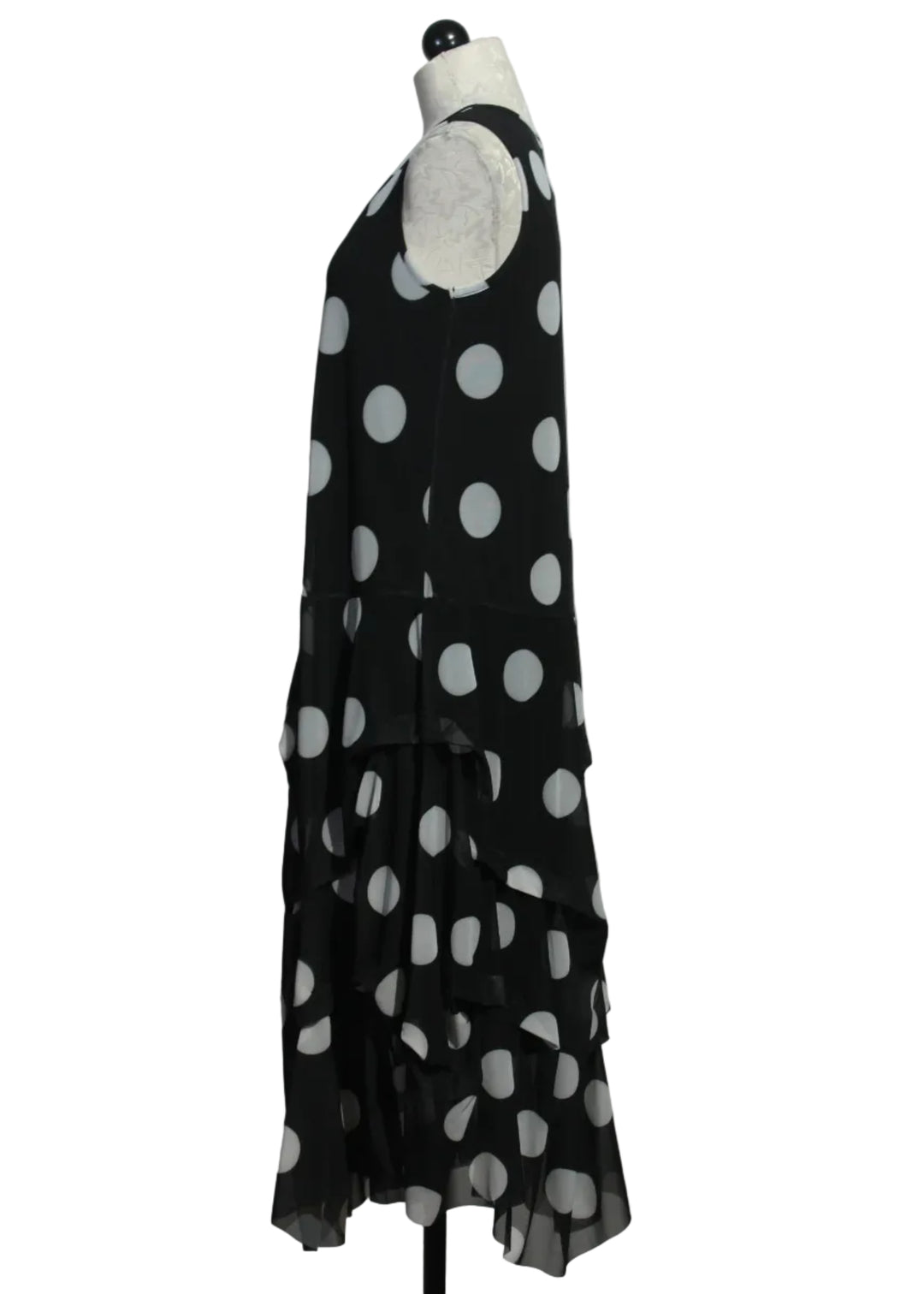 side view of The Martha Dress by Kozan in the black and white polka dot Dalmation print