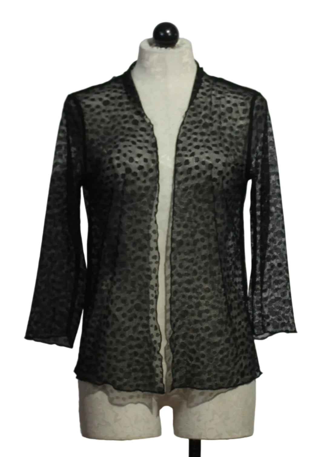 The sheer black polka dot Meem Jacket by Kozan is an effortless black unlined sweater jacket