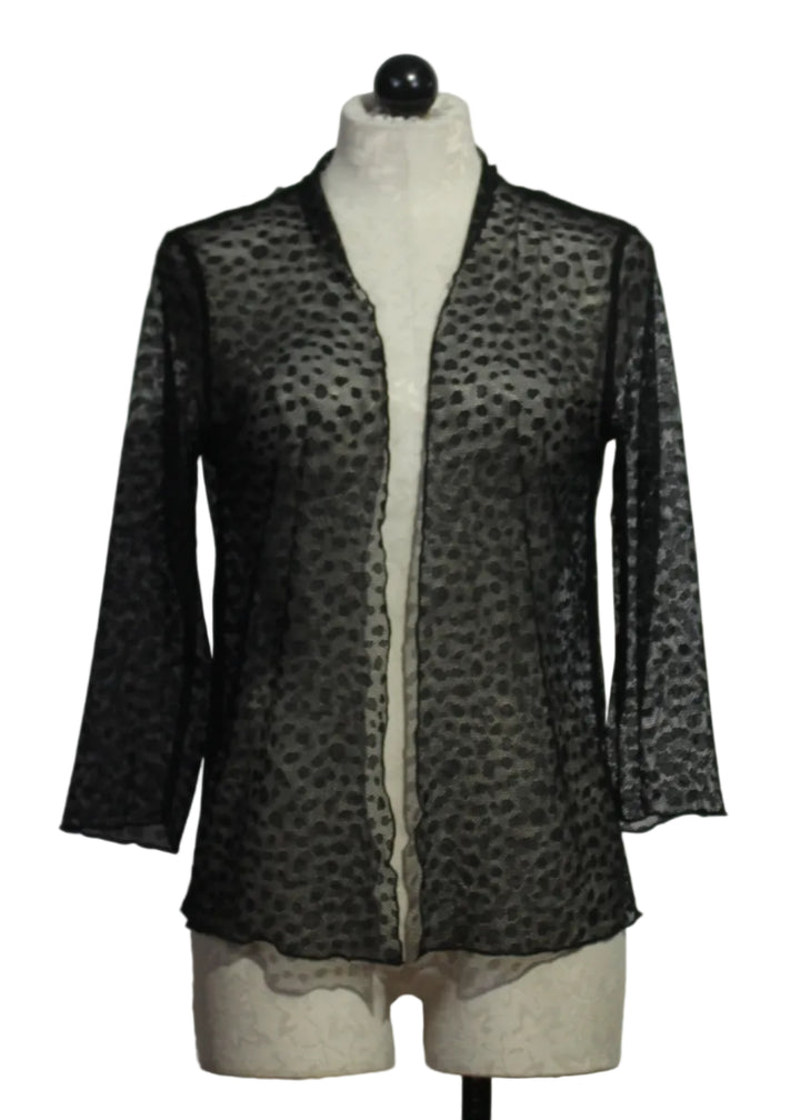 The sheer black polka dot Meem Jacket by Kozan is an effortless black unlined sweater jacket