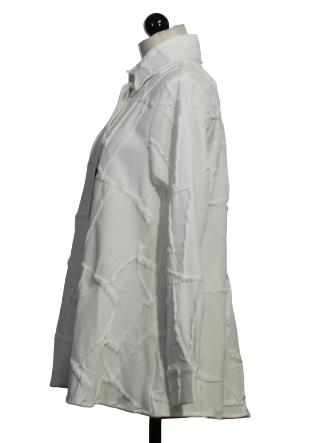 side view of Bright White Phoebe Shirt by Kozan is a linear textured button down