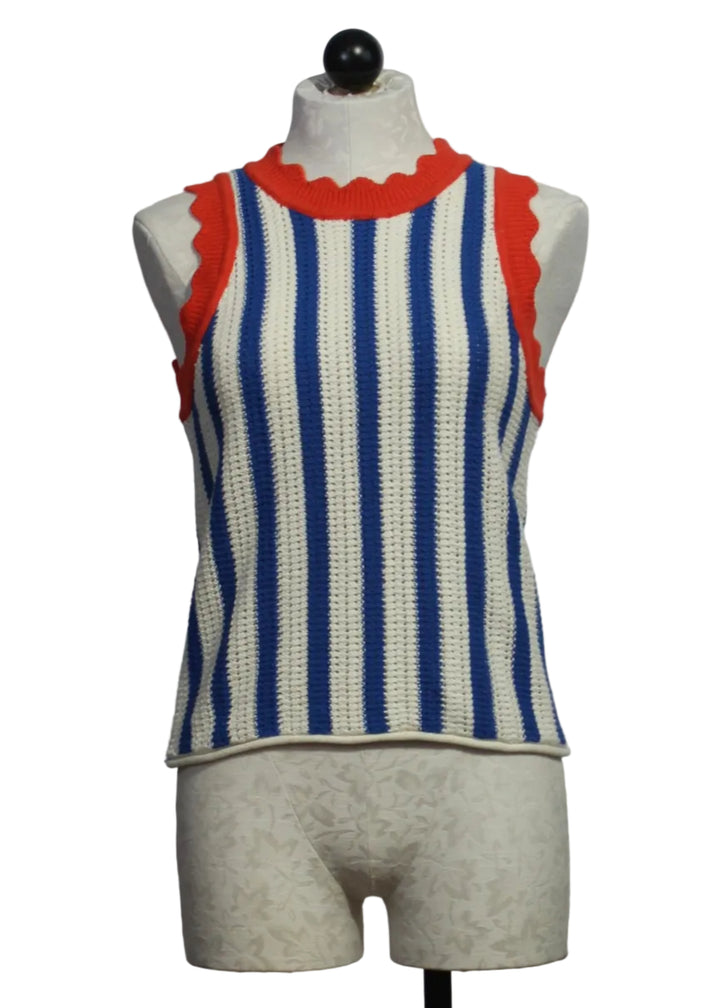 Sleeveless Azul Top by Melissa Nepton in bright blue and white vertical stripes  and bright red scalloped neckline and armholes
