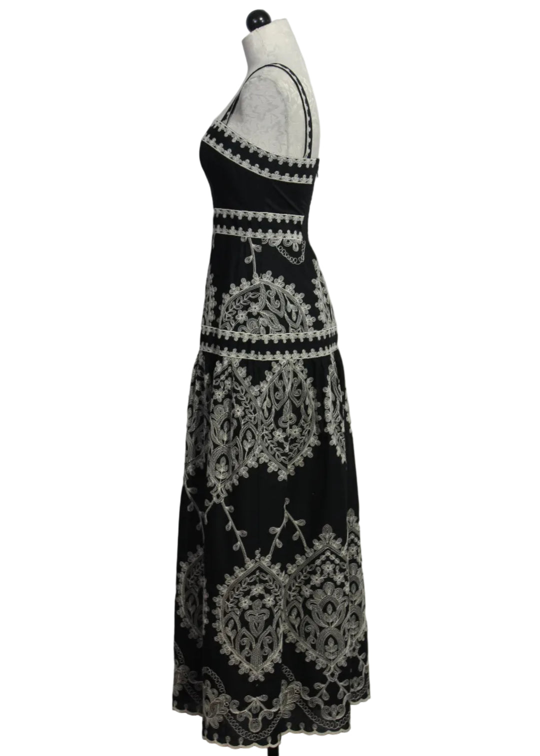 side view of Noir colored Embroidered Adair Midi Dress by Cartolina 