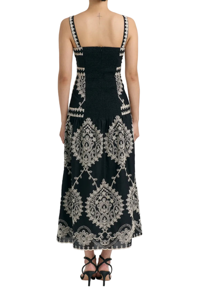 back view of the model wearing the Noir colored Embroidered Adair Midi Dress by Cartolina 