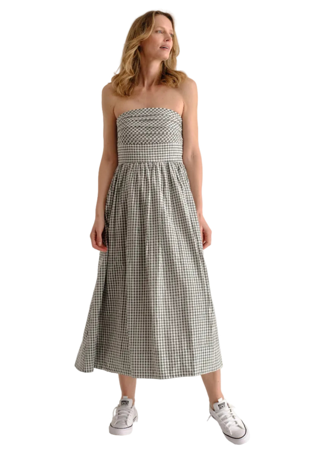model wearing the Moss colored Chalmers Halter Midi Dress by Cartolina without the halter neck  strap