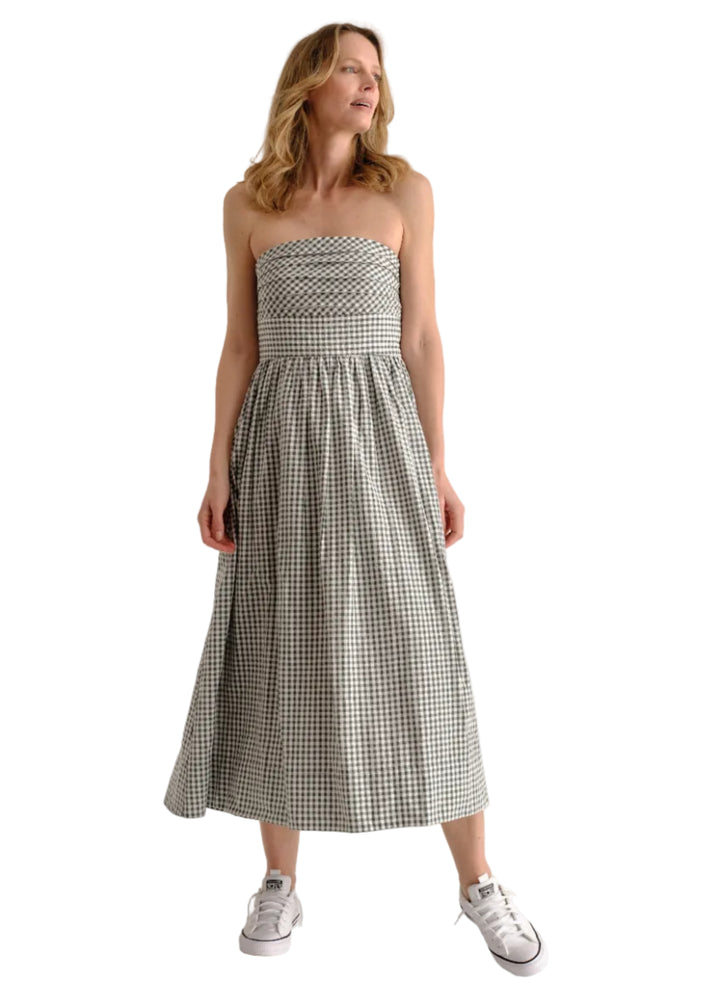 model wearing the Moss colored Chalmers Halter Midi Dress by Cartolina without the halter neck  strap