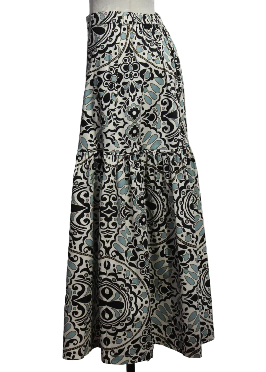 side view of the Tidal Pool print Flor Medallion Emma Midi Skirt by Cartolina
