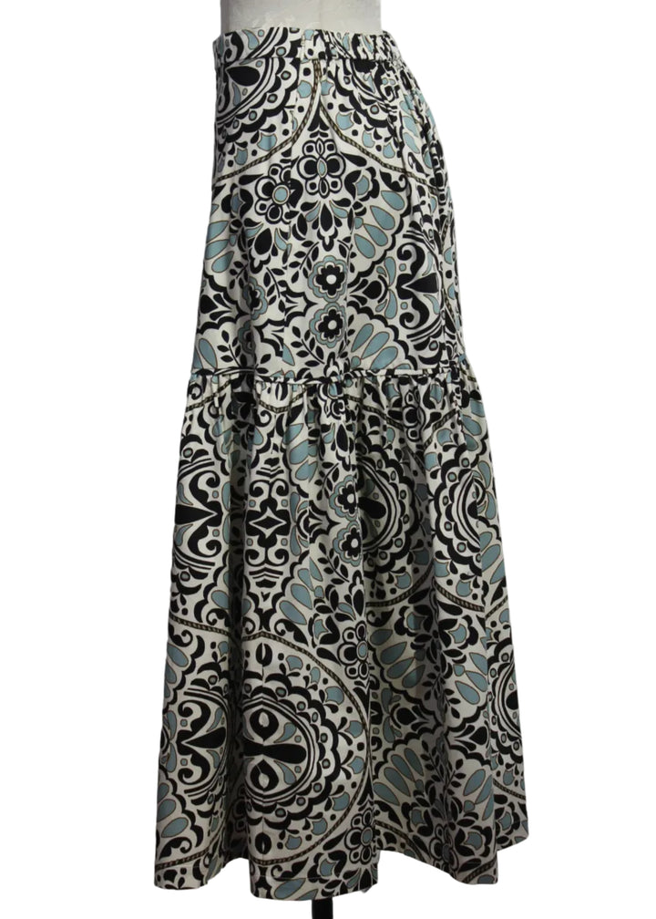 side view of the Tidal Pool print Flor Medallion Emma Midi Skirt by Cartolina