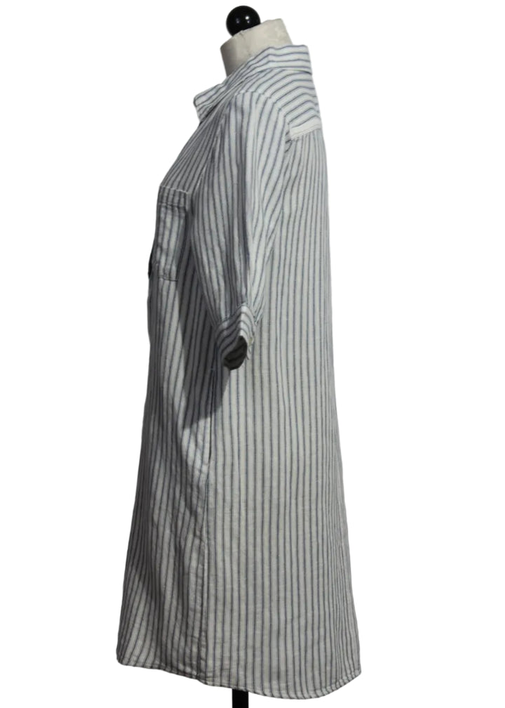 side view of White/Navy Striped Short Sleeve Mitch Dress by Melissa Nepton