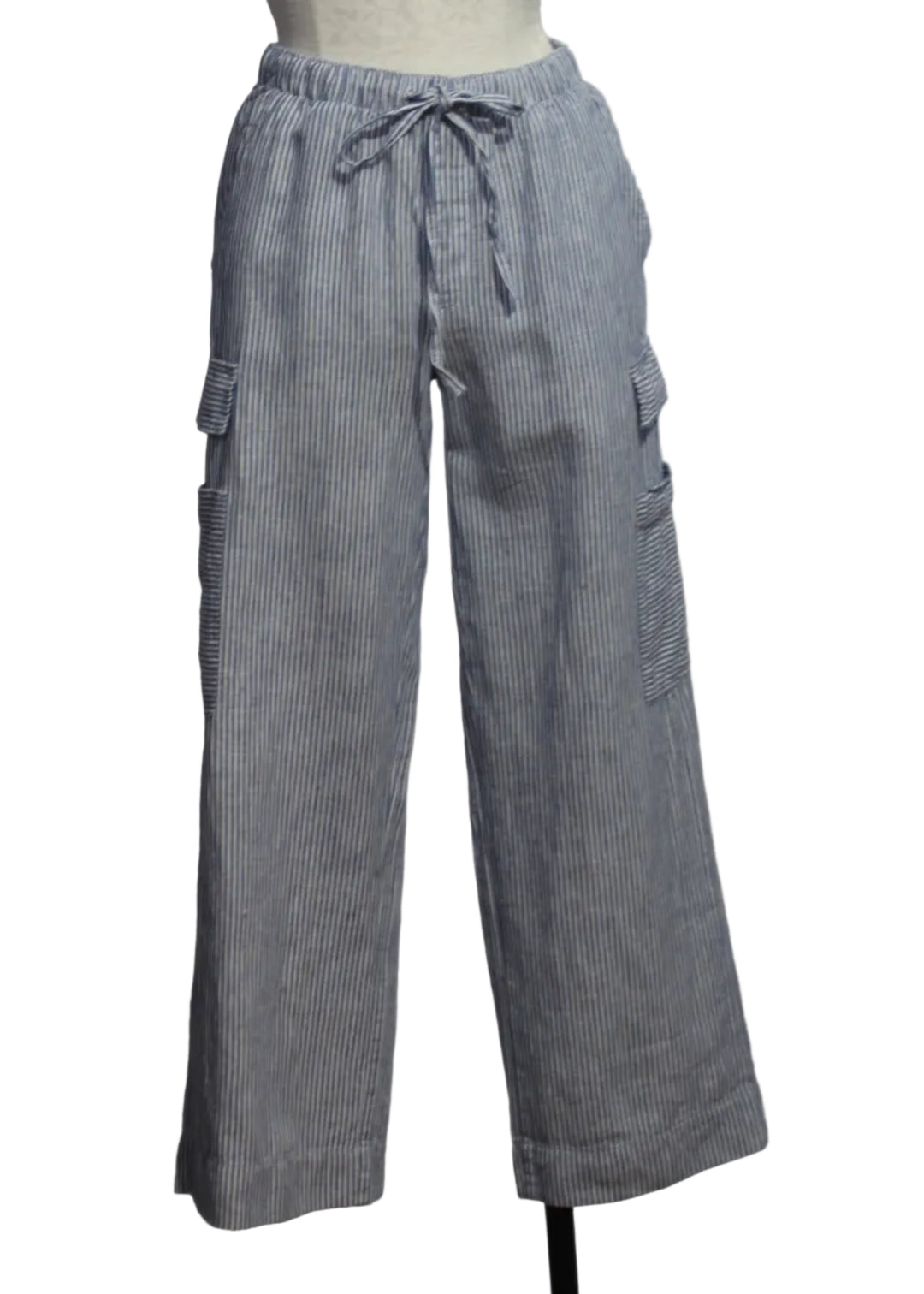 The Finn Striped Pant by Melissa Nepton is a soft navy and white stripe wide leg pant designed in a linen blend