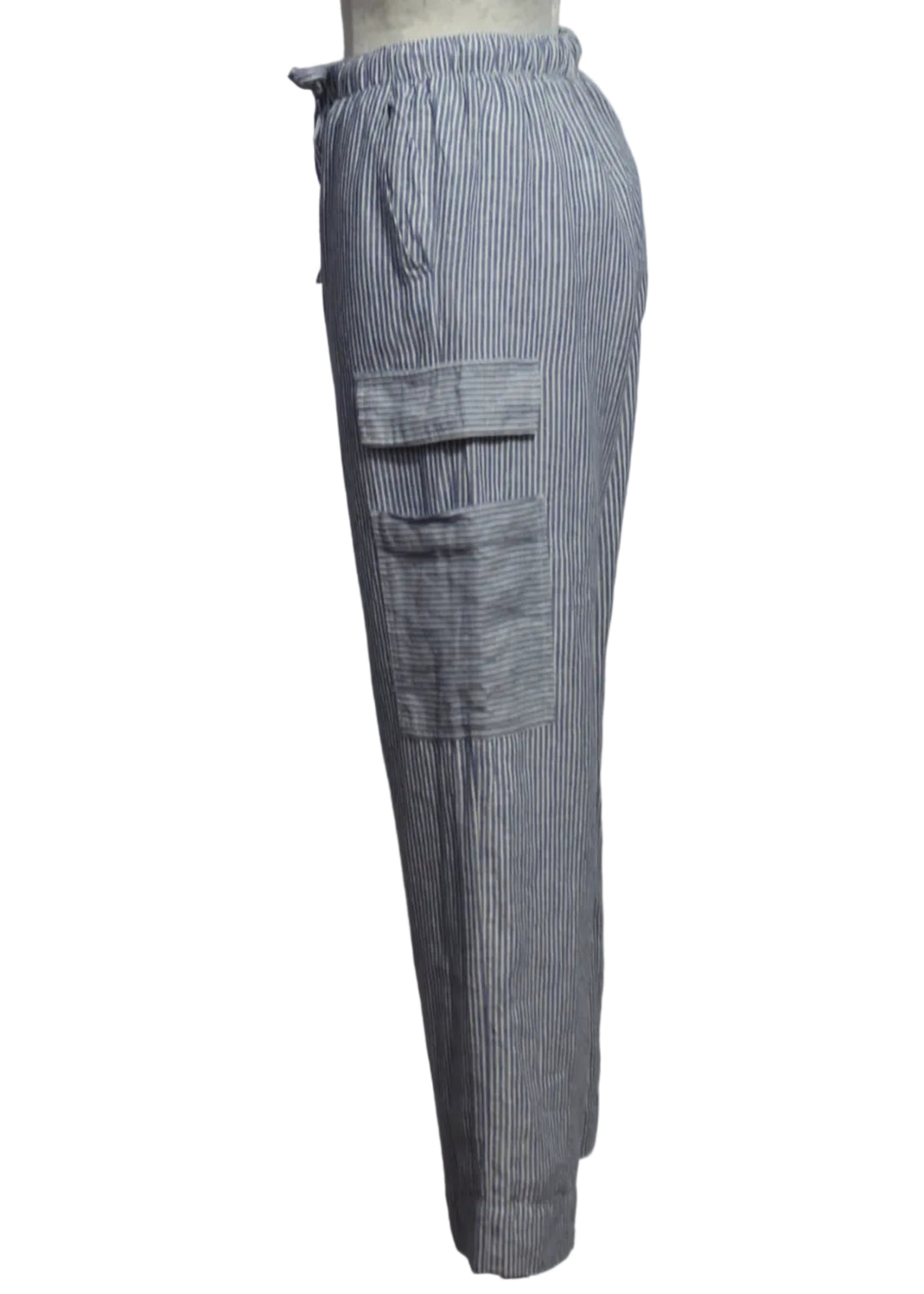 side view of The Finn Striped Pant by Melissa Nepton in a soft navy and white stripe wide leg pant designed in a linen blend