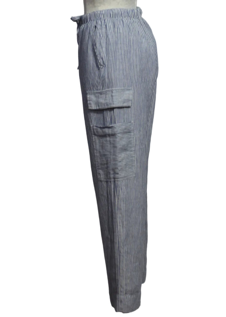 side view of The Finn Striped Pant by Melissa Nepton in a soft navy and white stripe wide leg pant designed in a linen blend