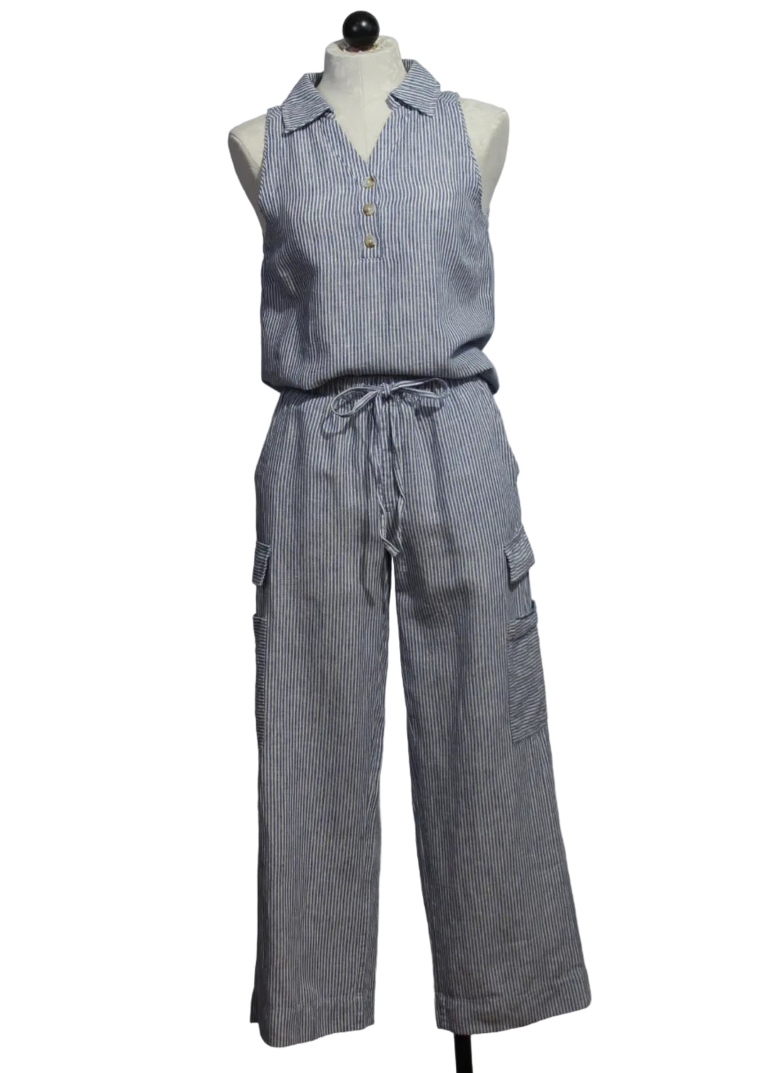 The Finn Striped Pant by Melissa Nepton in a soft navy and white stripe paired with the Sleeveless Pinstripe Bassin hirt by Melissa Nepton