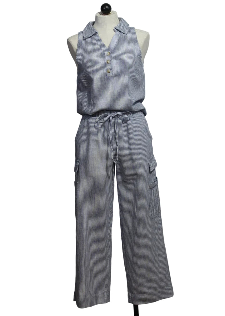 The Finn Striped Pant by Melissa Nepton in a soft navy and white stripe paired with the Sleeveless Pinstripe Bassin hirt by Melissa Nepton