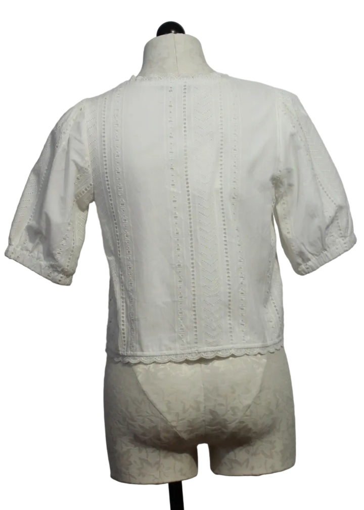 back view of Off-White Puff Sleeve Giana Tie Front Eyelet Top by Melissa Nepton 