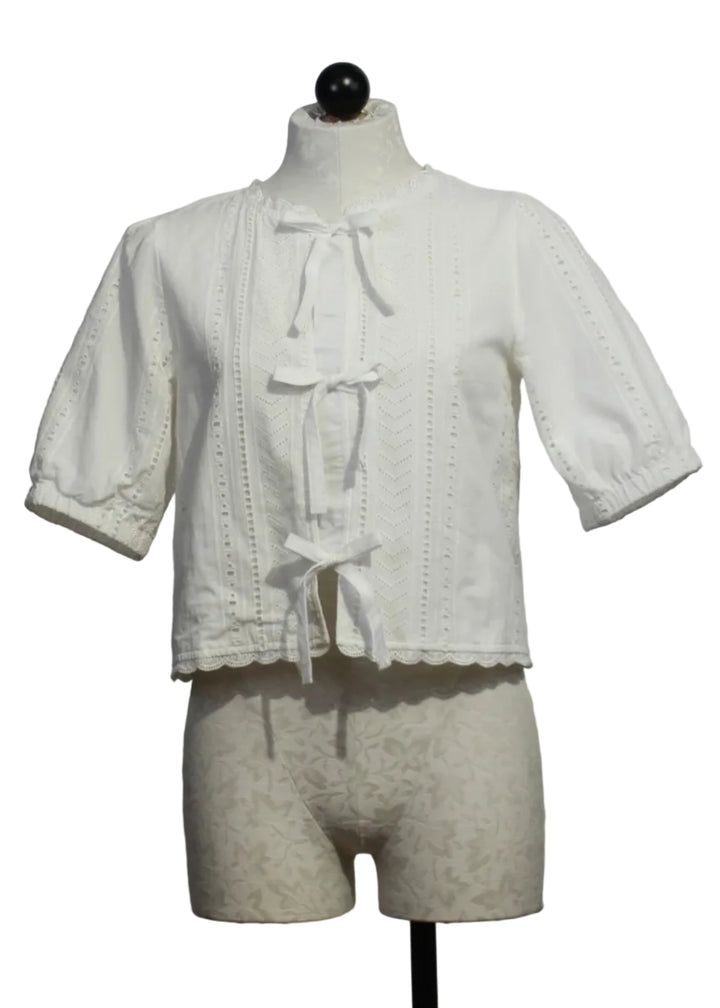 Off-White Puff Sleeve Giana Tie Front Eyelet Top by Melissa Nepton 
