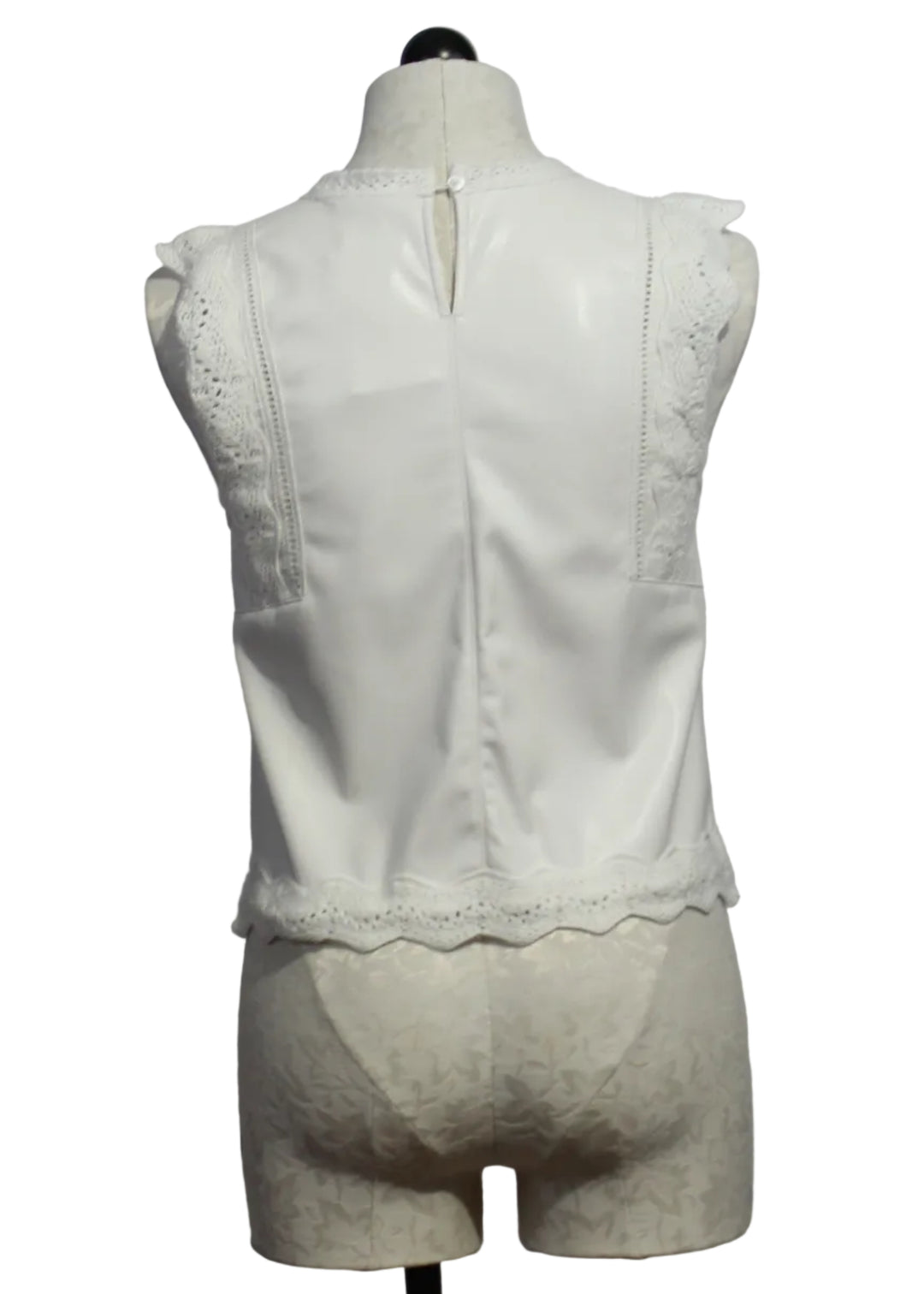 back view of Cream colored Sleeveless Attie Top by Melissa Nepton with Crocheted Edging