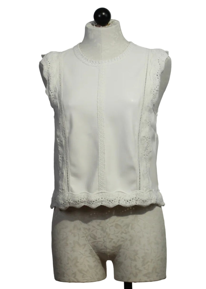 Cream colored Sleeveless Attie Top by Melissa Nepton with Crocheted Edging