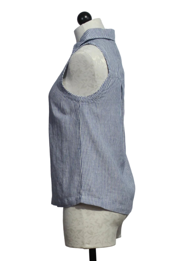Side view of Sleeveless White and Navy  Pinstripe Bassin Shirt by Melissa Nepton 