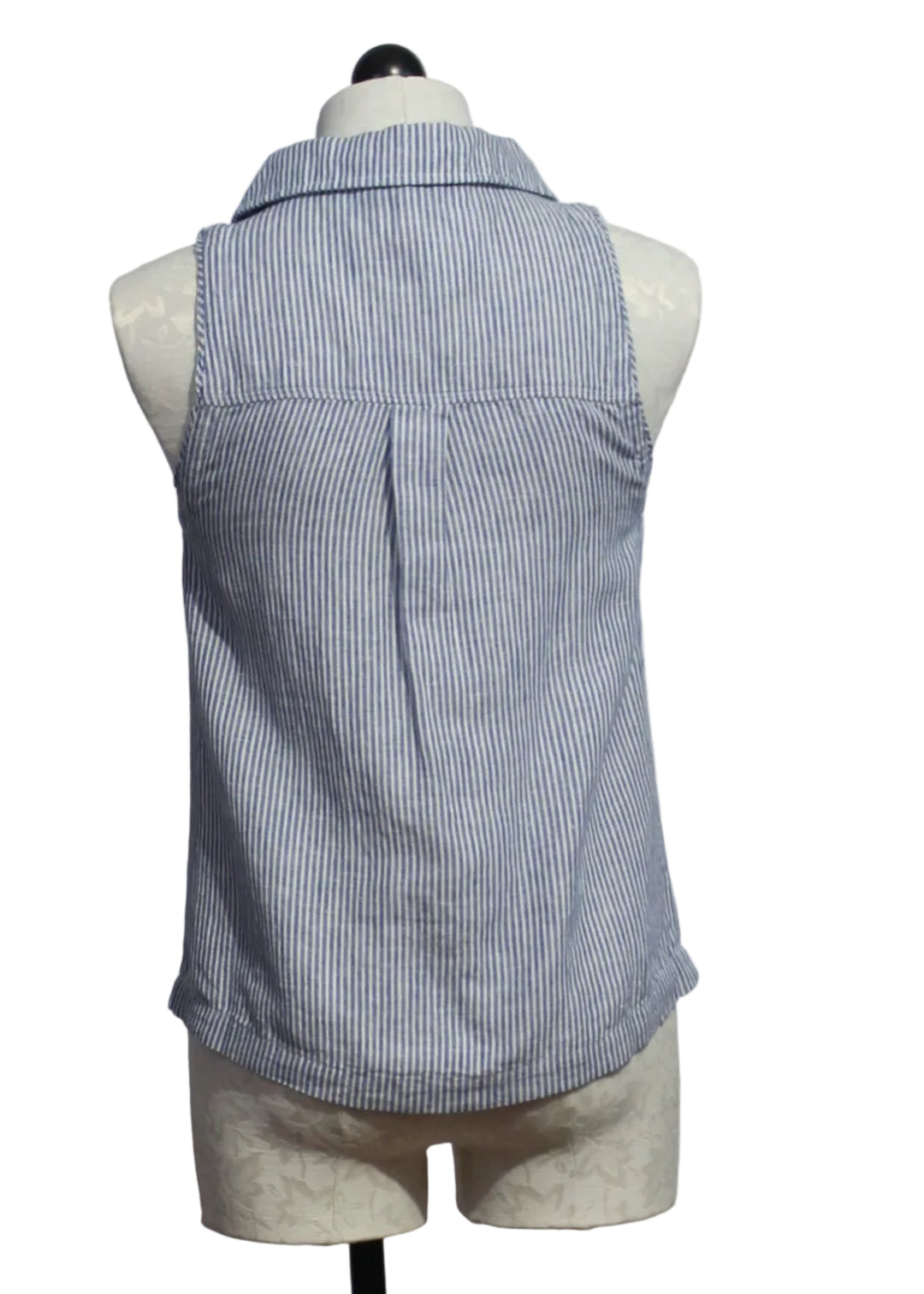 back view of  Sleeveless White and Navy Pinstripe Bassin Shirt by Melissa Nepton 