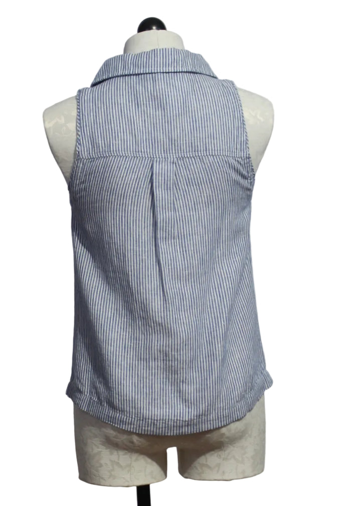 back view of  Sleeveless White and Navy Pinstripe Bassin Shirt by Melissa Nepton 