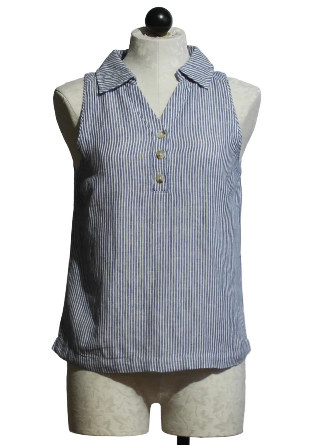 Sleeveless White and Navy Pinstripe Bassin Shirt by Melissa Nepton 