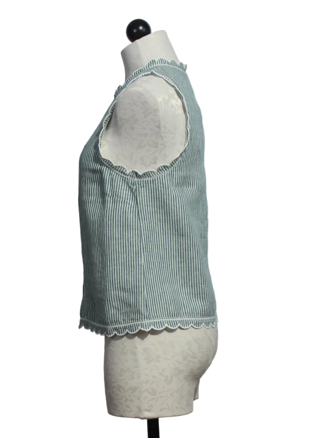 side view of Green and Off-White Sleeveless Pinstriped Zola Top by Melissa Nepton