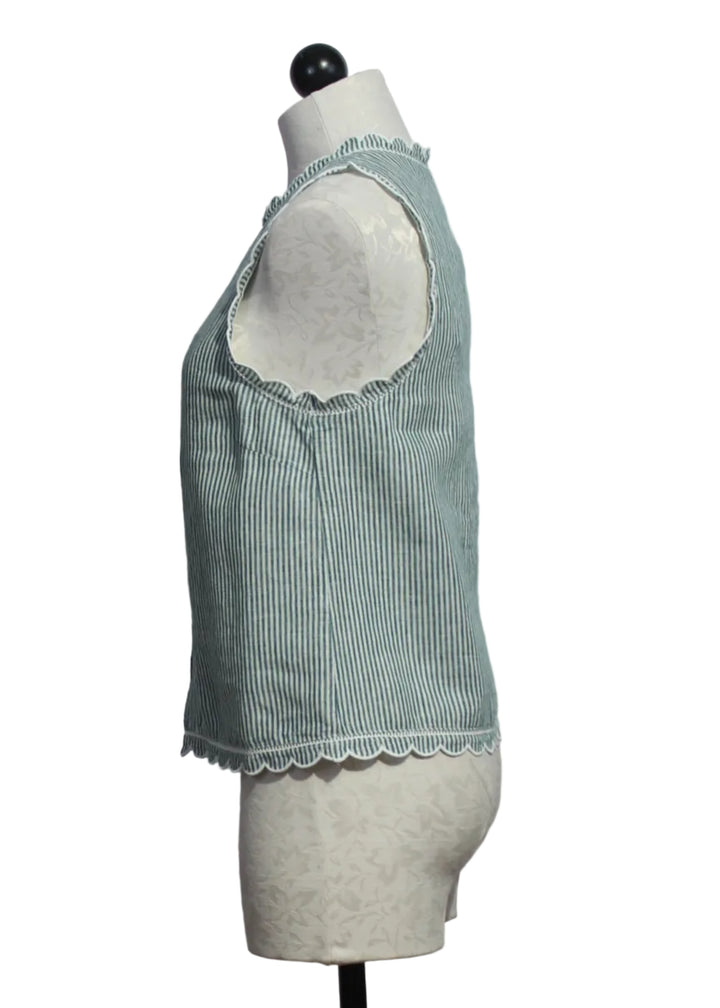 side view of Green and Off-White Sleeveless Pinstriped Zola Top by Melissa Nepton