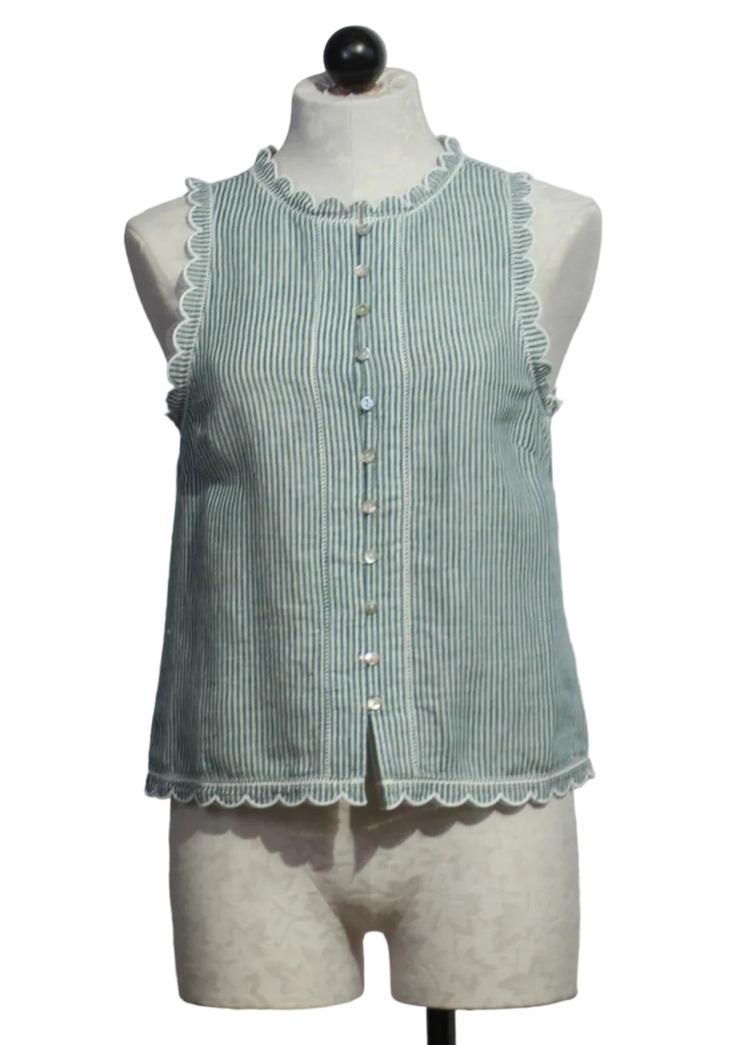 Green and Off-White Sleeveless Pinstriped Zola Top by Melissa Nepton