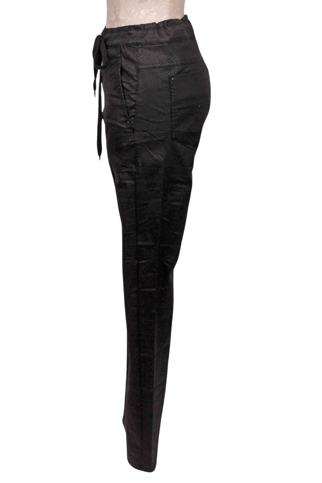 side view of Black Snakeskin Drawstring Waist Jean by Alembika