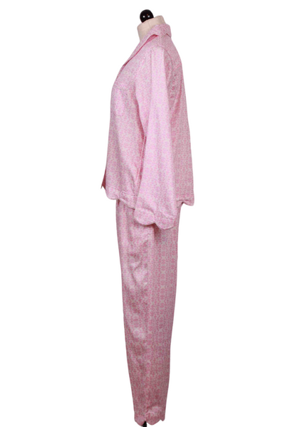 side view of Scalloped Chintz Light Pink Long Pajama Two Piece Set by Laura Park Designs