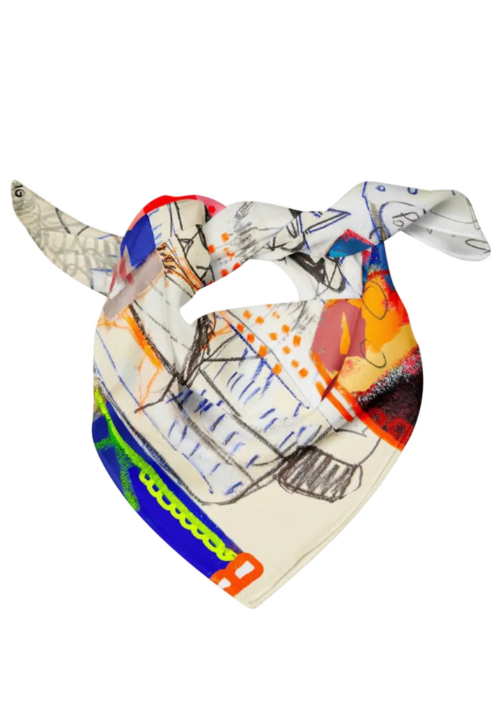 Tied view of 21" x 21" Spotlight Silk Bandana Scarf by Isabelle Gougenheim Designs