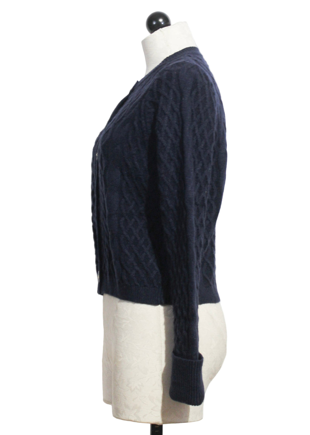 side view of Navy Irish Knit Cardigan by Gretchen Scott