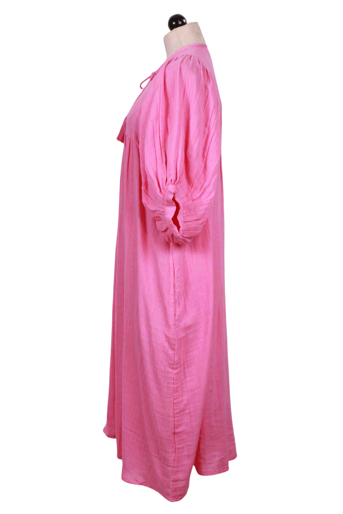 side view of Azalea Pink Gauzy Cotton Tie Neck Saffron Dress by Mille