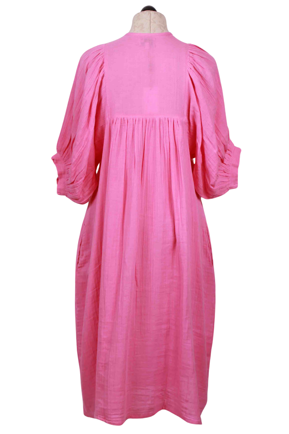 back view of Azalea Pink Gauzy Cotton Tie Neck Saffron Dress by Mille