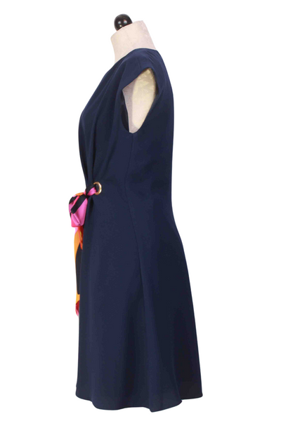 side view of Ink colored Cap Sleeve Sanford Dress by Trina Turk with Scarf Belt