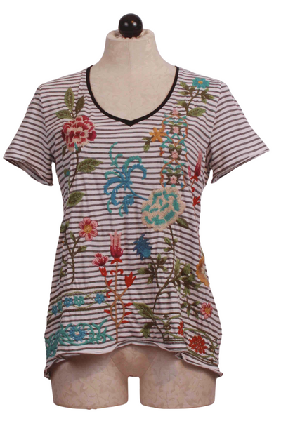 Black and White Sheri Everyday Stripe Tee by Johnny Was with multicolored floral embroidery