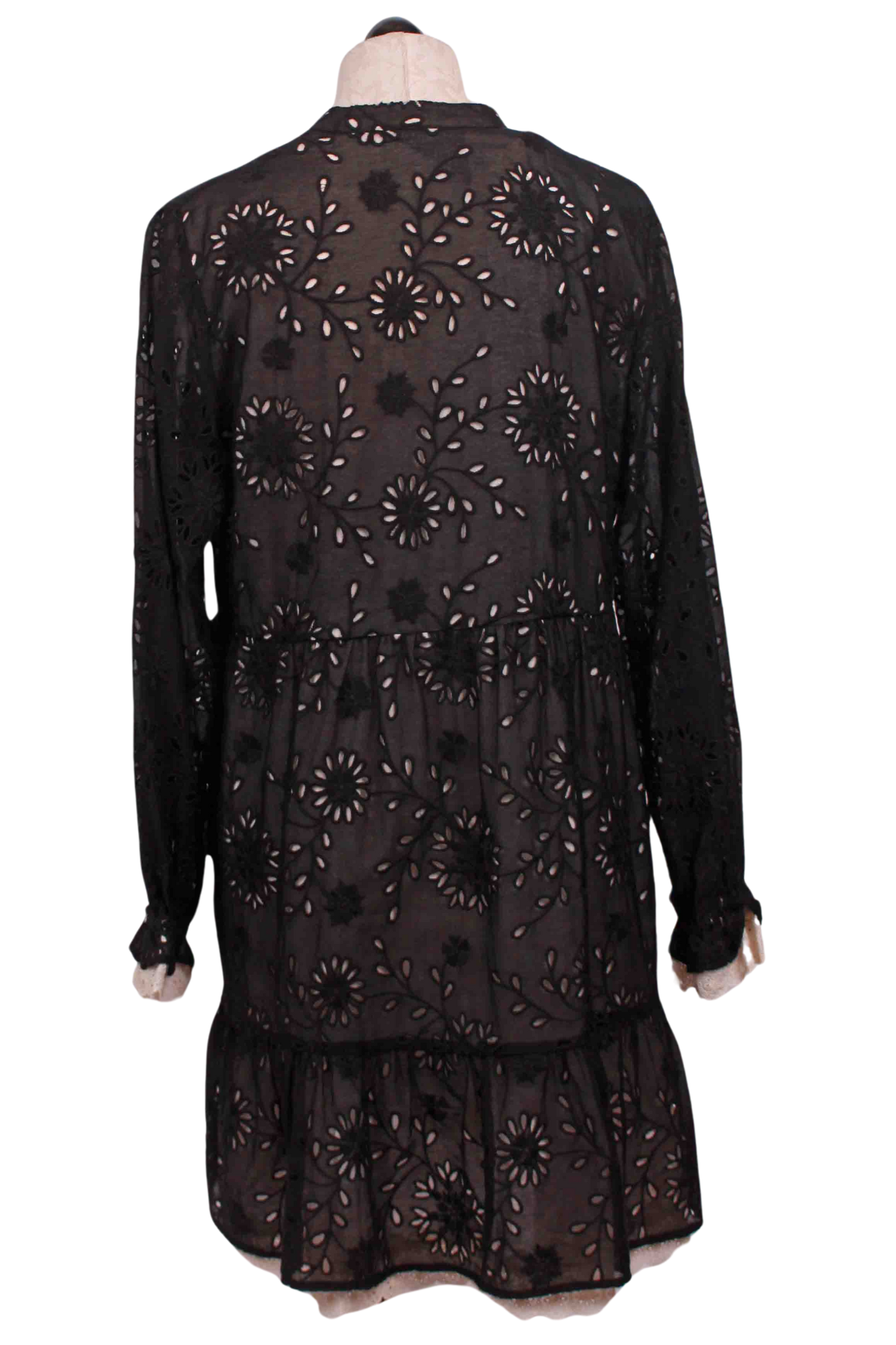 back view of Black Skygazer Eyelet Silk Mini Dress by Johnny Was Jade Spring Collection