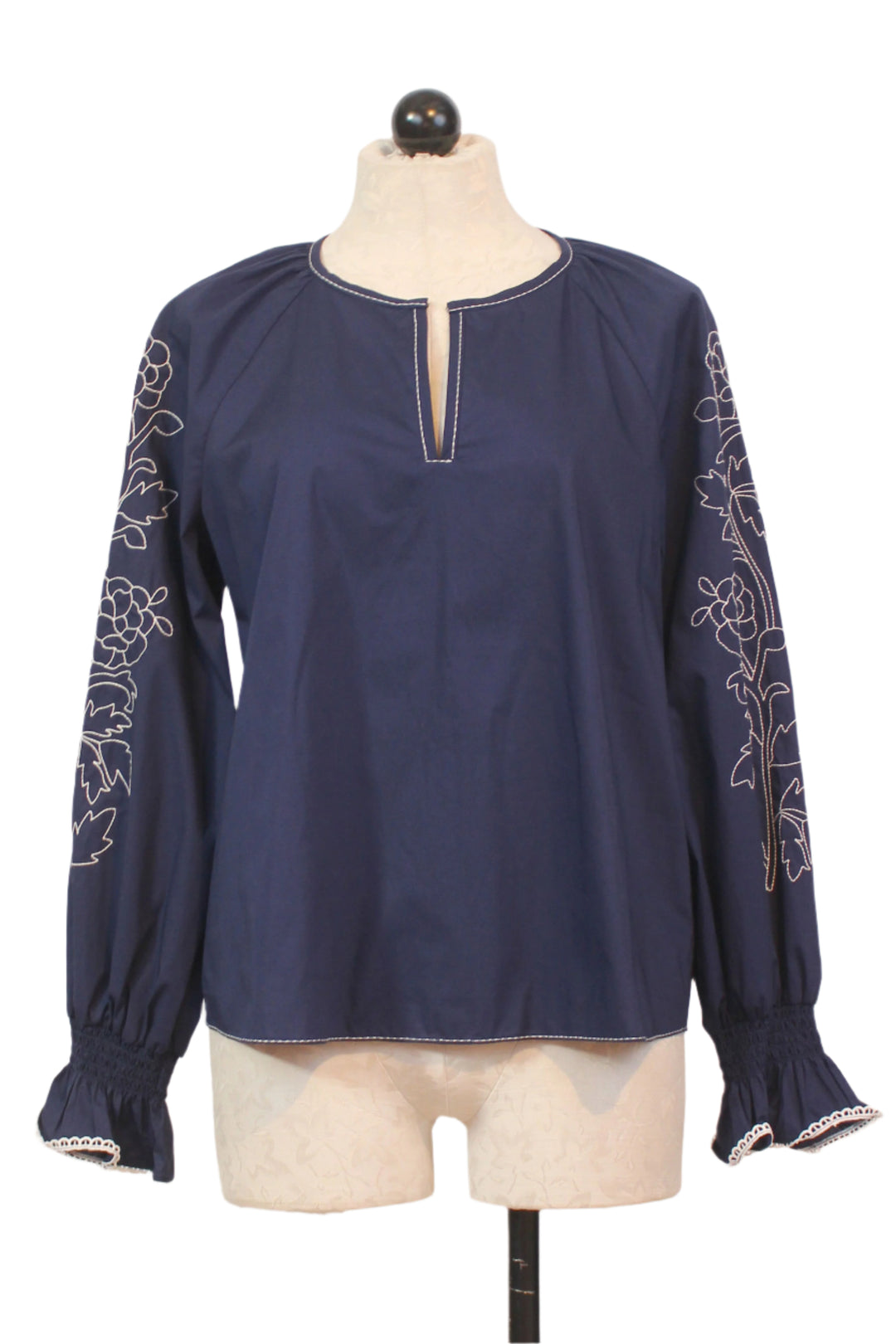 Navy Embroidered Ruffle Smocked Bottom Sleeve Stella Top by Cartolina