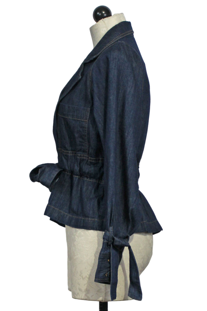 side view of Blue Denim Susan Belted Denim Jacket by Emily Lovelock