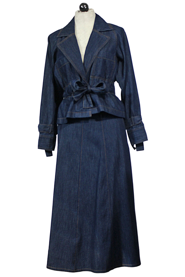Blue Denim Susan Belted Denim Jacket by Emily Lovelock paired with the Blue Denim Layla Skirt by Emily Lovelock