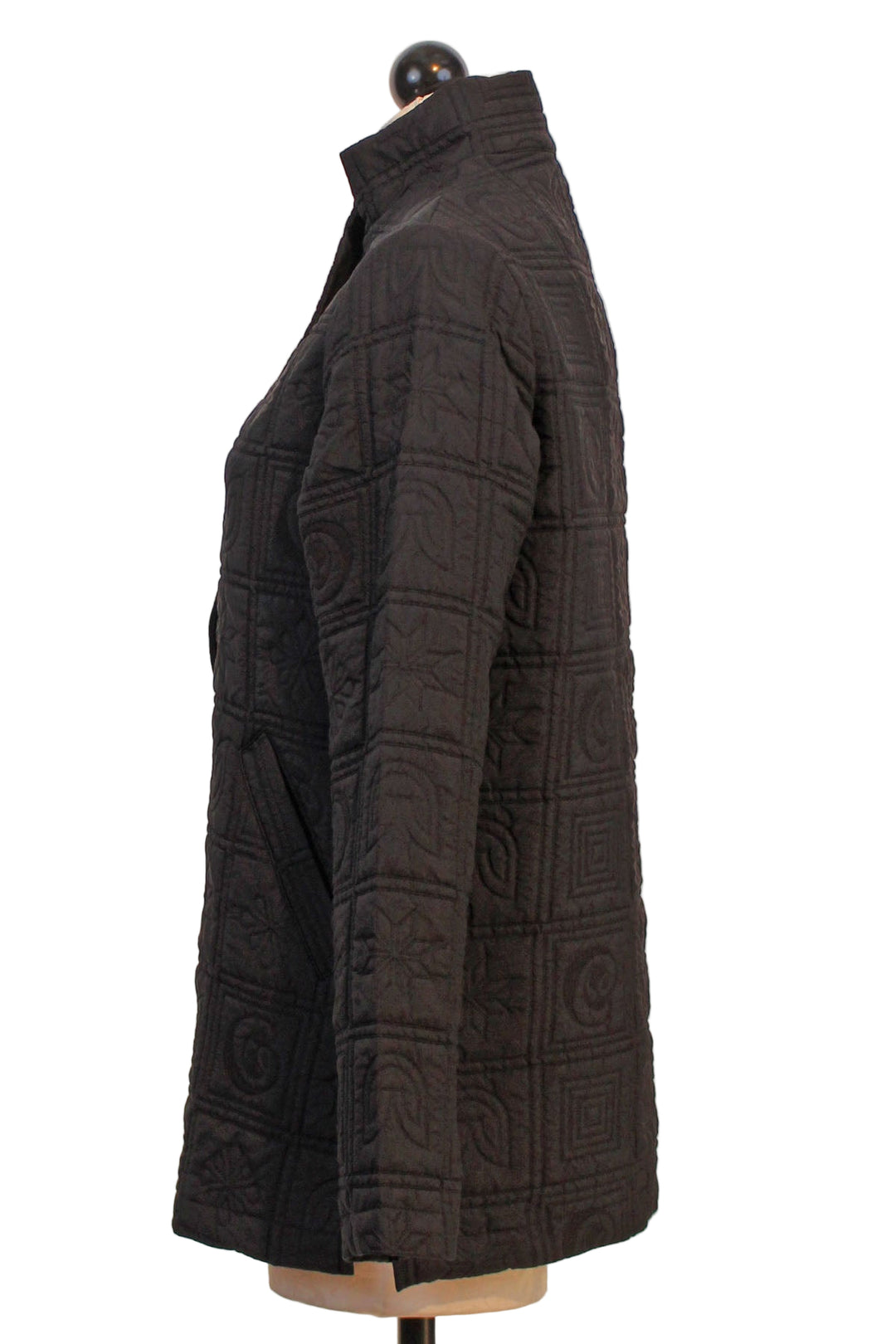 Side View of Sylvia Jacket by Kozan with quilted Zodiac pattern