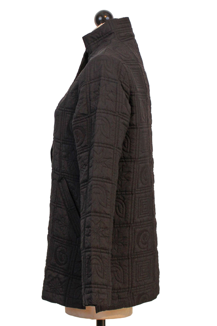 Side View of Sylvia Jacket by Kozan with quilted Zodiac pattern