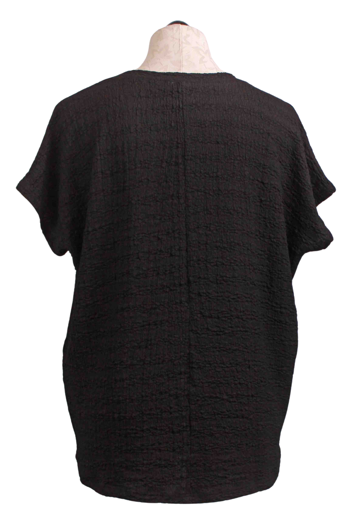 back view of black Short Sleeve V Neck Waffle Fabric Top by Inoah