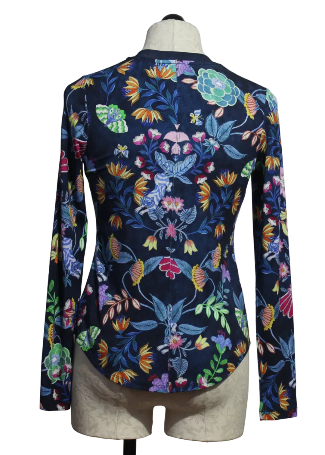 back view of The Long Sleeve Fitted Henley Tee by Johnny Was in the bright blue floral Rosemary print