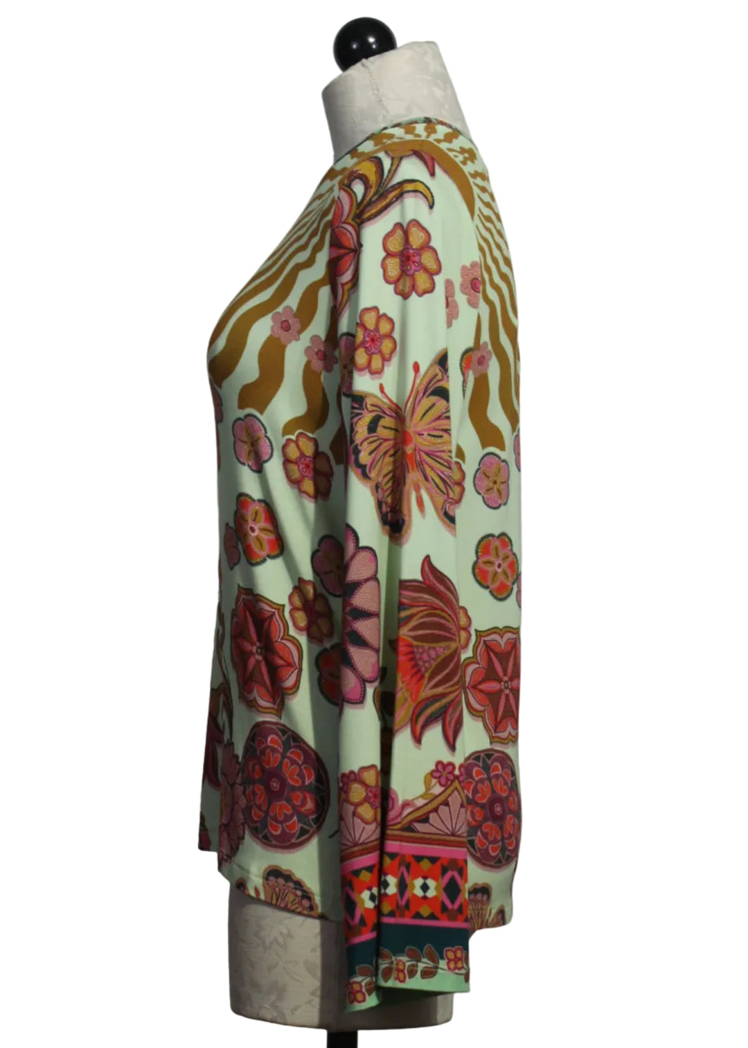 side view of The Janie Favorite Flare Sleeve Crew Neck Tee by Johnny Was in the Endora Scarf print