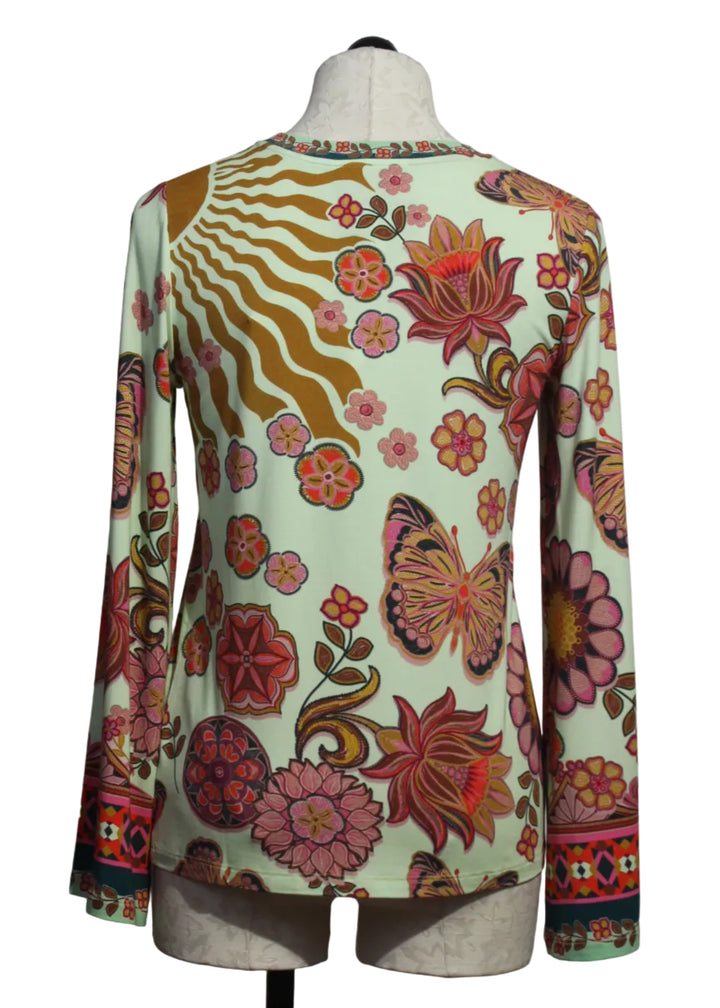 back view of The Janie Favorite Flare Sleeve Crew Neck Tee by Johnny Was in the Endora Scarf print