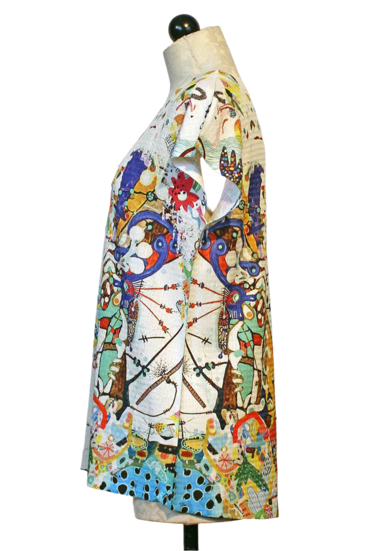 side view of White Multi Color Pop Short Sleeve Crew Neck Top by Inoah
